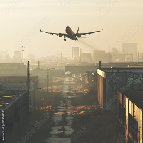 Airplane landing over abandoned industrial area with city skyline in the background