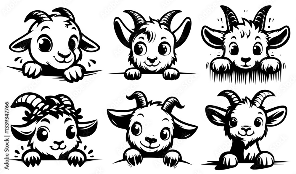 Obraz premium cute goat and lamb cartoon characters peeking out
