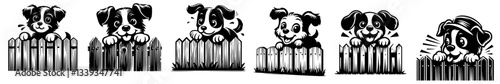 cute puppies behind fence black and white cartoon illustration