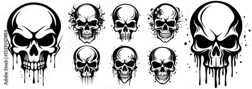 dripping skull illustration set in bold black and white style