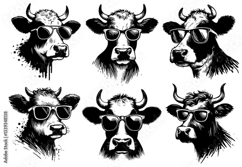 cool cow head illustrations with sunglasses in black and white