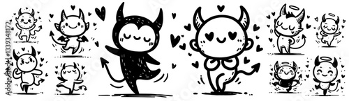 adorable devil cartoon characters with horns and hearts in playful black and white doodle style illustration