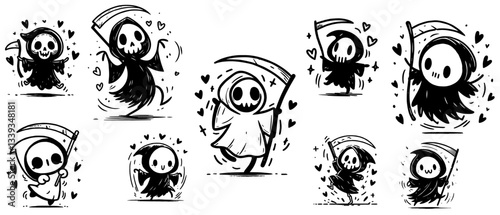 funny grim reaper cartoon characters with hearts in cute black and white style combining dark and sweet vibes