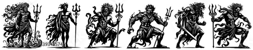 mythological sea gods with tridents in detailed black and white fantasy warrior style illustrations