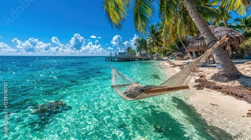 Fototapeta Naklejka Na Ścianę i Meble -  Tropical hammock on sandy beach with turquoise sea and blue sky, relaxation in paradise landscape