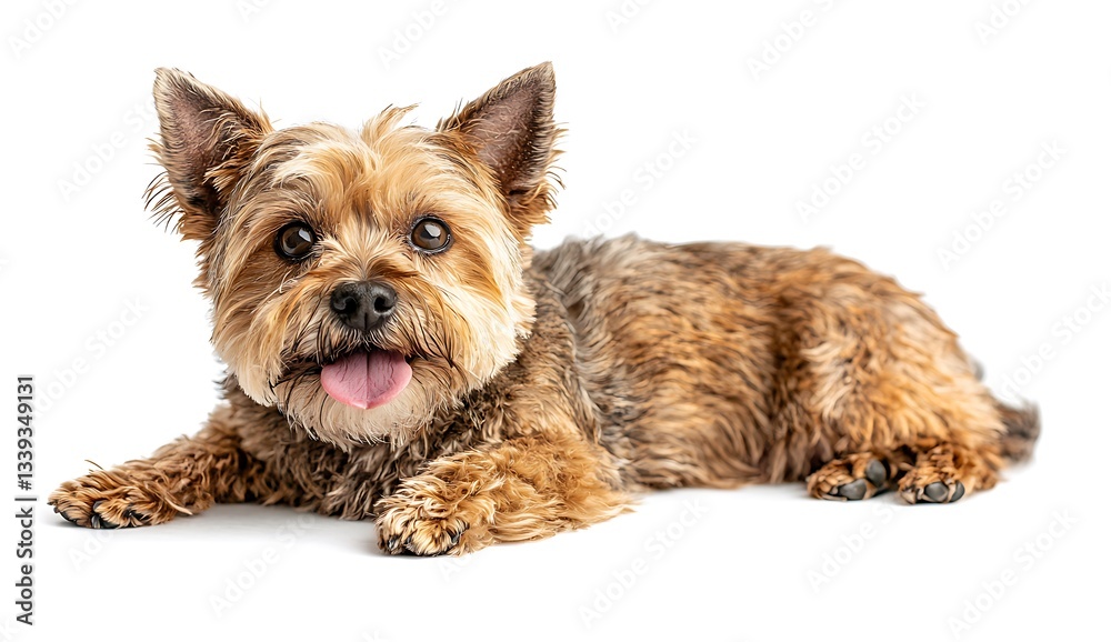 Dog resting on white background, tongue out, studio shot, for pet product advertisement Dog resting on white background, tongue out, studio shot, for pet product advertisement