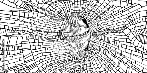 distorted abstract geometric tunnel made of fragmented lines and shapes in black and white perspective