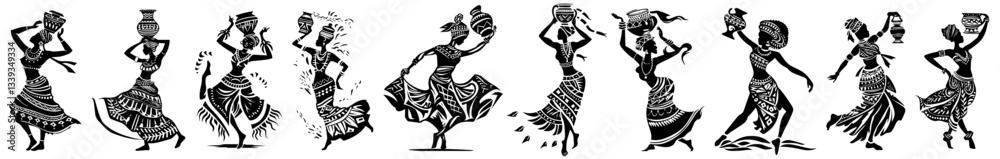 Fototapeta premium dancing african women silhouettes in ethnic traditional style for cultural art and design