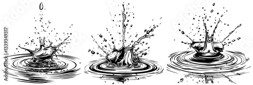 realistic water splash illustrations showing drops impact in detailed black and white sketch style