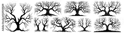 leafless black silhouette trees with detailed branches for nature and seasonal designs
