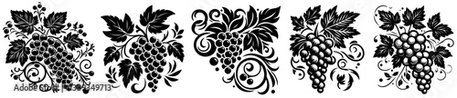 decorative grapevine bunches with leaves in black and white for wine or harvest design