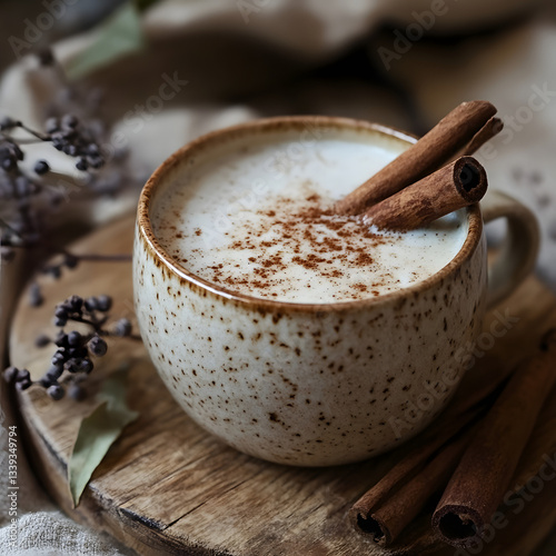Cozy cup of spiced beverage with cinnamon sticks on a wooden board surrounded by herbs
