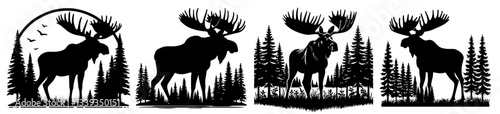 moose in forest landscape with trees black vector print shape engraving silhouette