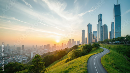 Fototapeta Naklejka Na Ścianę i Meble -  stunning city skyline at sunset, with modern skyscrapers and lush green hills