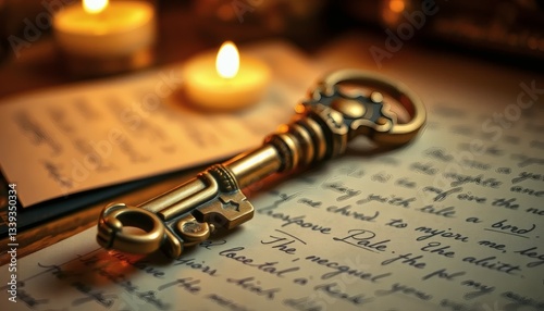 Vintage Key on Handwritten Letter with Candles Creating Romantic Scene