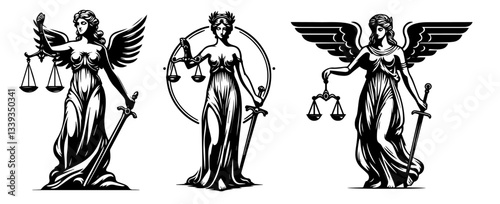lady justice with sword and scales vector black shape illustration engraving and laser cutting