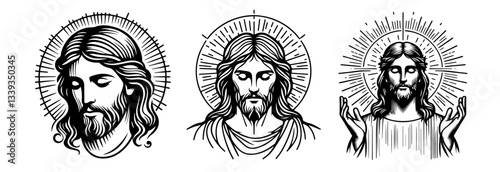 Jesus Christ portraits with halo vector black shape illustration engraving and laser cutting