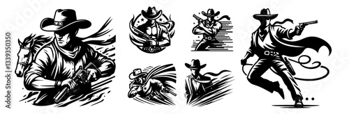 wild west cowboy action scenes vector black shape illustration engraving and laser cutting