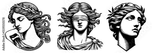 ancient greek woman busts vector black shape illustration engraving and laser cutting