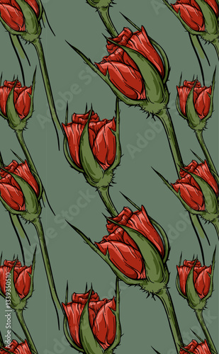 Many small red roses vector seamless pattern.Vintage floral print. Bright contour flower sketch hand drawn all over design. Elegant plant wallpaper. Graphic line art for perfume, essential oil package