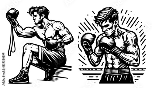 boxers resting and preparing to fight vector vintage illustration in monochrome shape