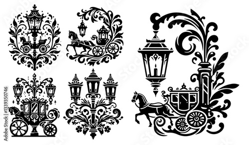 vintage carriage with lanterns black vector vintage illustration in monochrome shape