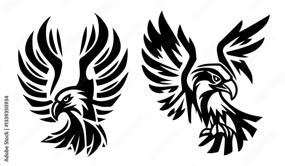 Obraz premium eagles with wings spread black vector silhouette shape