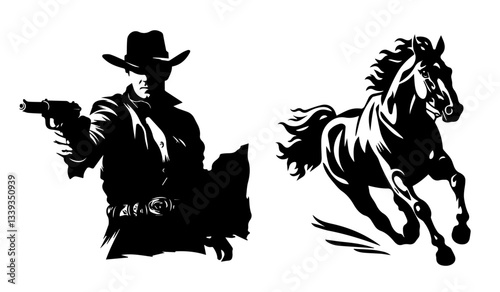 cowboy with gun and running horse black vector print engraving