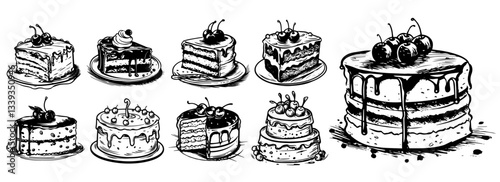 cakes and desserts black vector sketch laser citting