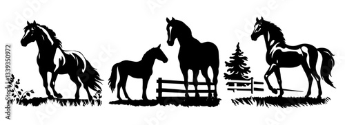 horses on pasture black vector silhouette shape laser cutting engraving print