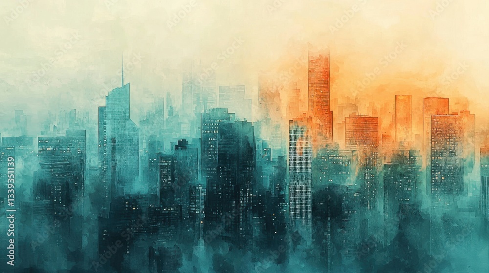 Misty urban landscape features a skyline with tall buildings shrouded in fog. The rising sun casts warm orange light, creating a stunning contrast with cooler blue tones Misty urban landscape features a skyline with tall buildings shrouded in fog. The rising sun casts warm orange light, creating a stunning contrast with cooler blue tones