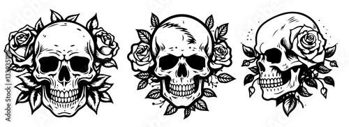 skull with roses black vector silhouette