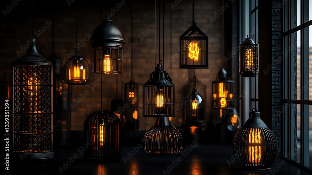 Fototapeta premium Elegant hanging lamps create warm ambiance indoors.