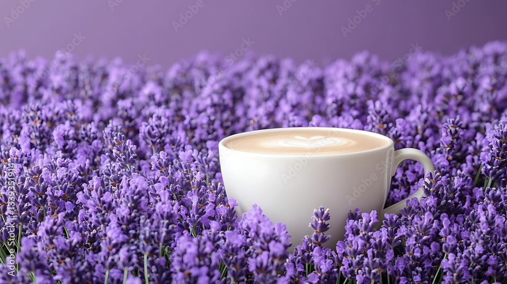 Latte art in a white cup nestled in a lavender field.