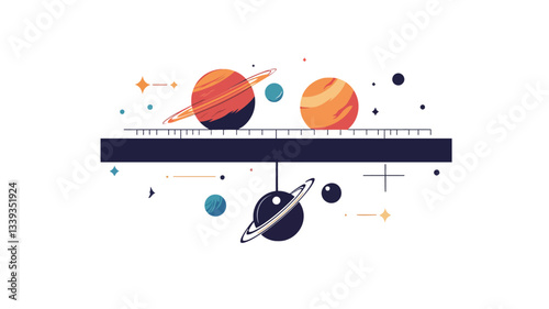 A digital illustration depicting a stylized seesaw or balance beam with two sets of planets on either side. The planets are simplified representations with varying sizes and colors, primarily