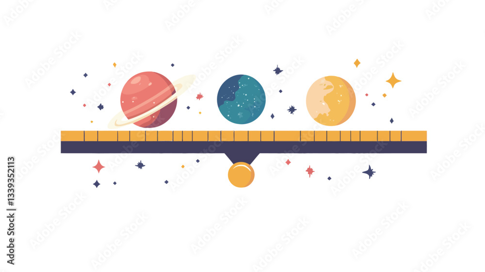 A digital illustration depicting a simplified balance scale with three stylized planets of different colors (reddish-orange, teal, and yellow-orange) positioned on either side. The planets have a