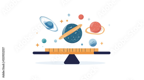A digital illustration depicting a simplified scale with a yellow ruler as its beam.  On either side of the scale, stylized planets and stars float in space. The style is flat, two-dimensional, and