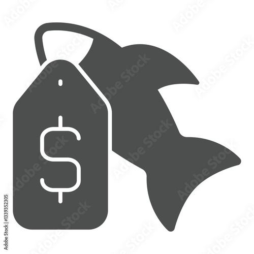 Fish with price tag solid icon, fishery product concept. Vector graphics. Label badge on fish sign on white background, glyph style icon for mobile or web design.