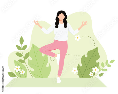 concentrated girl practicing yoga meditation, flat vector illustration