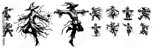 scarecrow and witch silhouettes in fantasy horror style