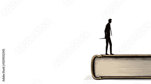 The image features a miniature, black silhouette of a human figure standing on the spine of a large, horizontally oriented book against a stark white background.  The figure is disproportionately