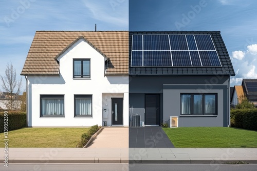 old home vs modernized home with solar panels

