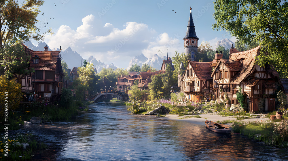Serene village by a river with quaint houses, a bridge, and mountains in the background