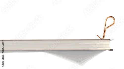 Close-up, horizontal image of a closed book lying flat against a white background. The book is off-white or beige in color, showing a slight curve and shadow underneath. A small, light brown paper