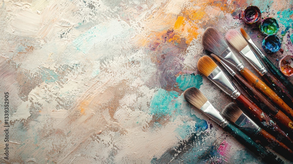 Fototapeta premium A variety of paintbrushes are organized neatly on one side of a colorful, textured canvas. Vivid paint splatters in various hues create an inspiring backdrop in an art studio