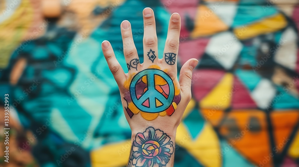 Obraz premium The open hand shows a peace symbol against a colorful wall