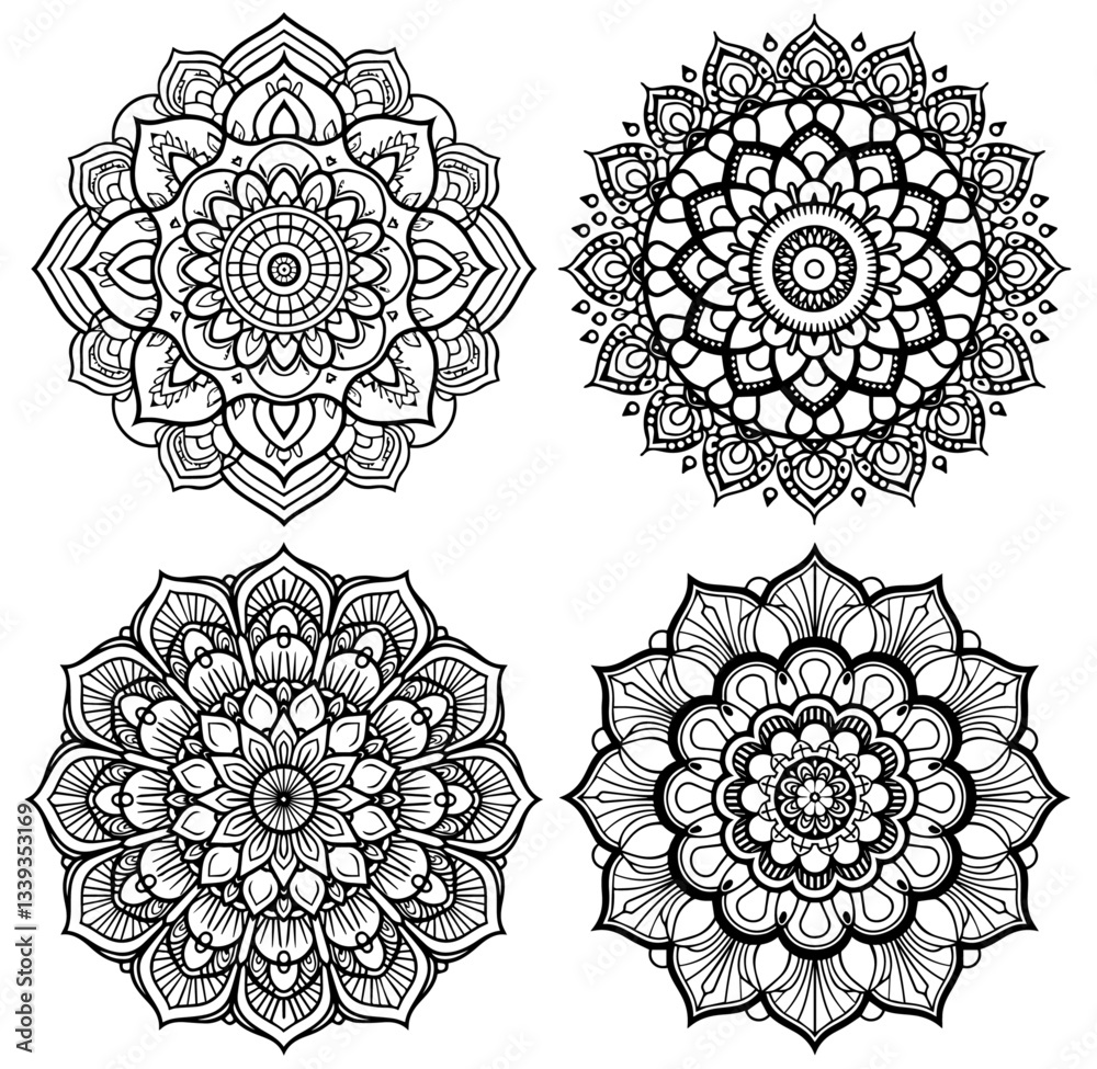 mandala ornament set vector silhouette shape black outline laser cutting engraving