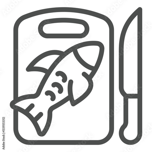 Fish on cutting board and knife line icon, fishery cooking concept. Vector graphics. Fresh fish sign on white background, outline style icon for mobile or web design.