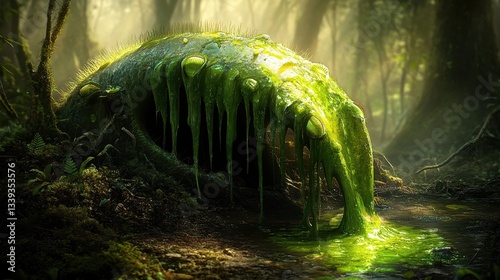 A grotesque creature covered in vibrant green moss dominates the scene