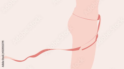 The image is an illustration depicting a stylized female torso from the waist down.  A long, thin, flowing ribbon, predominantly pale pink with hints of a deeper red, is wrapped around the lower